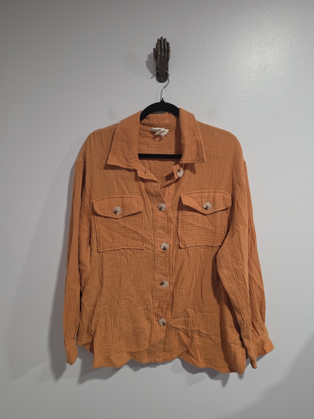 Fantastic Fawn Earthy Boho Textured Gauze Button-Front Shirt Rust Orange Size M